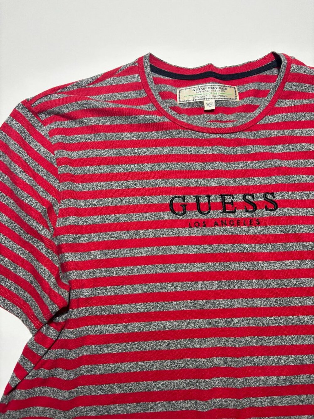 GUESS RED & GREY VINTAGE STRIPE COTTON SHORT SLEEVE T-SHIRT